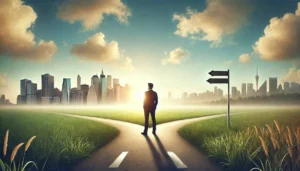 a-man-standing-at-a-crossroads-in-a-serene-landscape-symbolizing-a-career-change.-He-looks-contemplative-with-one-path-for career change