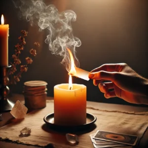a-person-burning-a-small-piece-of-paper-in-a-candle-flame-in-a-calm-dimly-lit-room.-The-paper-is-held-carefully-over-the-flame opening the witches road