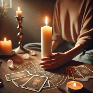 a-person-holding-a-single-lit-candle-in-a-quiet-dimly-lit-room-with-soft-warm-lighting.-Tarot-cards-and-a-few-crystals-are-spread out. Metaphysical tarot reading for healing depression