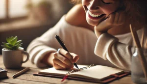 a-person-joyfully-writing-in-a-notebook-at-a-cozy-desk.-Their-hands-are-carefully-holding-a-pen-and-resting-naturally-on-the desk, writing down things that bring joy gratitude journal for career change