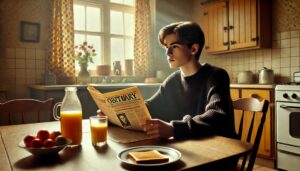 a-teenage-boy-in-the-1990s-sitting-at-a-breakfast-table-in-a-modest-retro-style-kitchen.-He-is-wearing-dark-artsy-clothing-reading-the-obituary.j