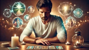 accurate-male-tarot-card-reader-Chris-Bennett-sitting-at-a-table.-He-wears-a-white-t-shirt-and-blue-jeans-or-a-blue-dress-shirt-with-the-sleeves. The best tarot reader in Canada