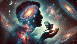 silhouette-profile-of-a-man-gazing-into-the-vast-cosmos-filled-with-vibrant-galaxies-stars-and-nebulae.-Within-the-cosmic-expanse-a-lucid-clairvoyant images