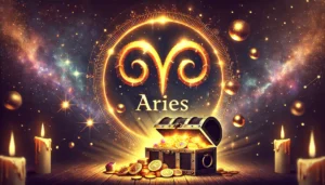 the-Aries-zodiac-symbol-large-and-glowing-at-the-center-of-a-nighttime-scene.-Beneath-it-is-a-treasure-chest-overflowing-with-gold-coins