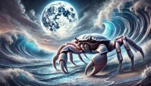 the-zodiac-sign-Cancer-represented-in-a-mystical-yet-lifelike-scene.-Show-a-vivid-flowing-water-background-symbolizing-th