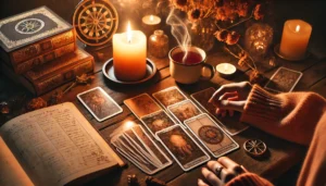 warm-tarot-reading-scene-with-a-wooden-table-a-full-tarot-spread-a-lit-candle-casting-a-soft-glow-and-a-persons-hand-gently-select a card