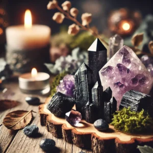 A-beautiful-arrangement-featuring-black-tourmaline-and-amethyst-crystals-on-a-natural-wooden-surface.-The-black-tourmaline-is-depicted-as-deep-matte