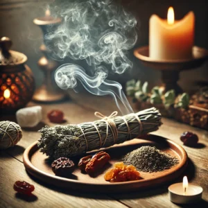 A-calming-scene-of-incense-purifying-a-space-featuring-a-burning-sage-stick-emitting-soft-fragrant-smoke-that-swirls-gently-through-the-air.
