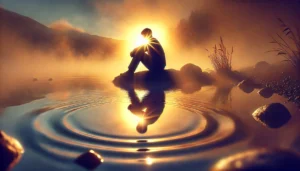 A-deeply-introspective-depiction-of-self-forgiveness.-A-person-sitting-alone-by-a-calm-lake-at-sunrise-their-reflection-in-the-water-showing-a-peace