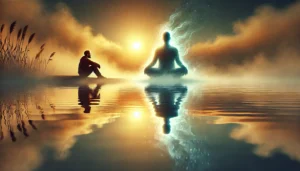 A-deeply-introspective-depiction-of-self-forgiveness.-A-person-sitting-alone-by-a-calm-lake-at-sunrise-their-reflection-in-the-water-showing-a-peace