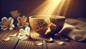 A-metaphorical-representation-of-forgiveness.-A-broken-yet-beautifully-mended-ceramic-bowl-sitting-on-a-wooden-table-with-golden-cracks-symbolizing