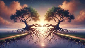 A-symbolic-depiction-of-forgiveness-and-healing.-Two-trees-with-intertwined-roots-and-branches-standing-apart-yet-connected-by-a-glowing-bridge-of-l