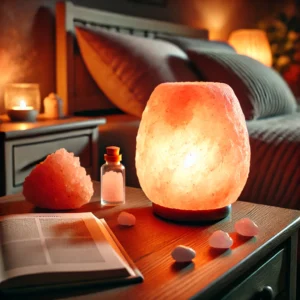 A-tranquil-nighttime-scene-featuring-a-glowing-pink-Himalayan-salt-lamp-on-a-wooden-nightstand.-The-lamp-emits-a-warm-soft-pink-orange-light-casting