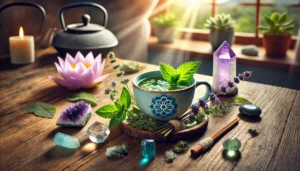A-serene-setup-featuring-a-cup-of-herbal-tea-with-lemon-balm-mugwort-and-blue-lotus-on-a-wooden-table-surrounded-by-an-amethyst-crystal-black-tourmaline
