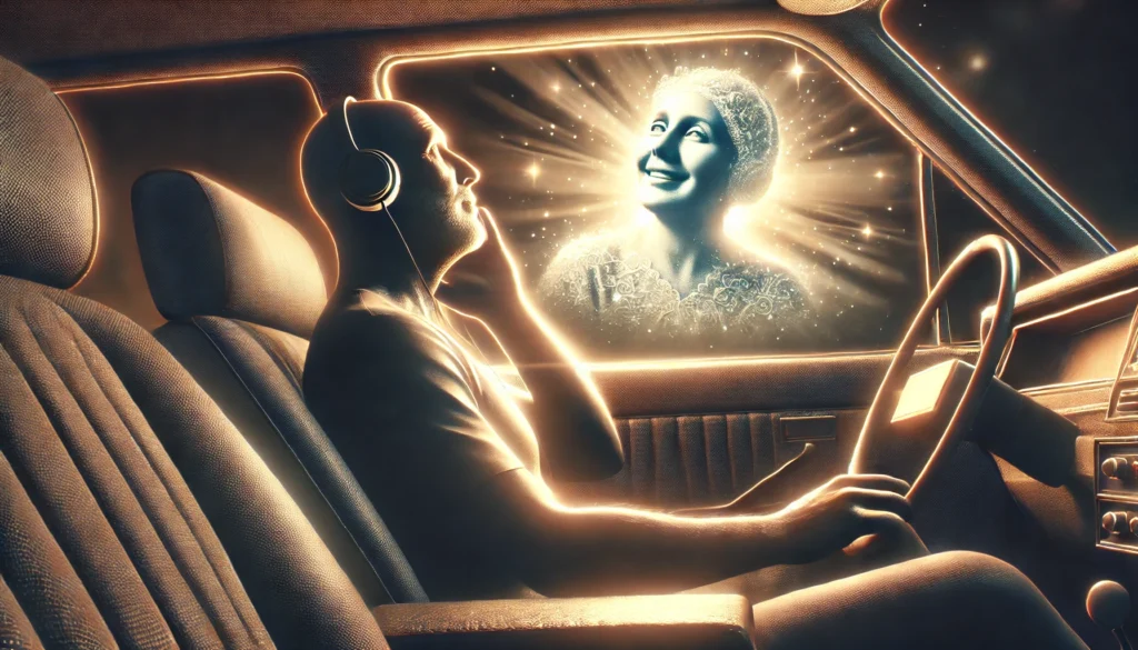 A-human-figure-sitting-in-a-car-listening-to-music-with-a-look-of-surprise-and-deep-emotion-on-their-face.-The-car-interior-is-dimly-lit-with-a-warm