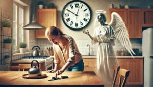 A-realistic-scene-of-a-woman-in-a-kitchen-urgently-reaching-for-her-keys-on-the-counter-with-a-frustrated-expression.-In-the-background-a-large-cloc