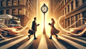 A-visually-striking-scene-depicting-synchronicity.-Two-strangers-crossing-paths-on-a-busy-city-street-both-pausing-in-surprise-as-they-realize-they-a
