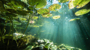 Submersive-underwater-scene-beneath-lily-pads-representing-life-before-death-the-dragonfly-story