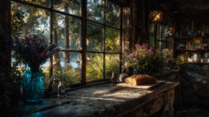 a-rustic-lakeside-cottage-with-a-loaf-of-lemon-blueberry-bread-representing-life-before-death