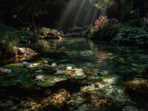 the dragonfly story lily pads in a pond scene vogue magazine style
