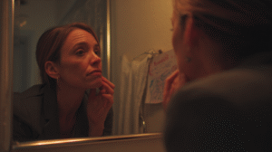 emotional-masks-identity-performance-psychic-medium woman starring into mirror middle age