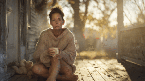 healing-self-worth-shadow-work-spiritual-reading woman sitting on porch in autumn with pumpkin spice latte in ceramic mug and cozy sweater
