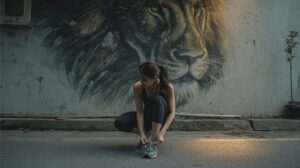 tarot-strength-ace-of-wands-woman-tying-shoes-lion-street-art-dawn-branch-symbolism