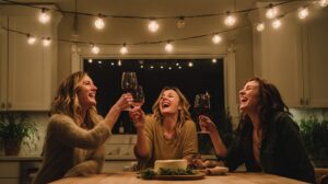tarot-three-of-cups-four-of-wands-women-laughing-wine-glasses-string-lights-cake