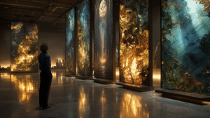 A-man-in-his-30s-looks-at-paintings-of-the-elements-akin-to-a-professional-psychic-using-tarot-cards