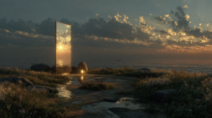 A-tall-mirror-on-a-cliff-in-the-sunset-at-the-end-of-the-path-showing-a-tarot-reading-with-an-accurate-psychic-online
