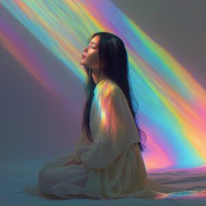 Kirlian-Photography-asian-model-sitting-on-the-floor-meditating-with-rainbow-light-flares-of-energetic-healing-reiki-the-best-psychic