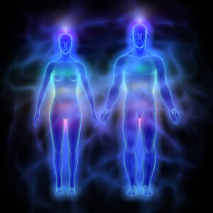 Illustration of human energy body (aura) with chakras - woman and man