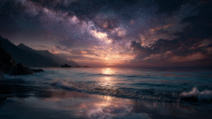 infinite-starry-sky-reflected-in-lake-muted-purple-silver-calm-oneness-illusion-of-separateness