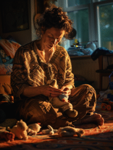 A woman holds a small pair of baby shoes beside a glowing candle, symbolizing memory, nostalgia, and enduring maternal love.