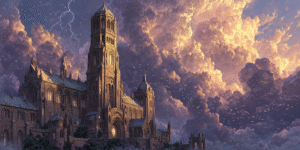 tarot-tower-breakdown-cathedral-lightning-birds_A_towering_cathedral_struck_by_lightning