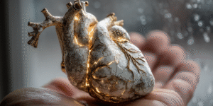 Macro shot of a cracked porcelain heart glowing in a hand, representing pain as transformation