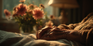 Close-up of two hands—one elderly, one younger—resting together in warm light, representing love and continuity beyond death.