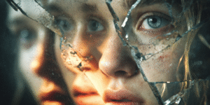 Cracked mirror reflecting multiple fading faces merging into light, representing impermanence of identity.