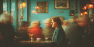 A woman sits quietly at a café table while people around her laugh and talk, capturing emotional isolation in a social world.