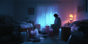 A person sitting in a dim room surrounded by shopping bags and unopened boxes, illuminated by phone light, symbolizing emotional emptiness.