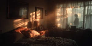 Soft morning light illuminating an empty bed with floating dust, symbolizing spirit presence through absence.