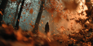 Ethereal figure dissolving into golden leaves in an autumn forest, symbolizing love and release.