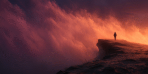 Human figure standing before a burning horizon as their shadow peels away, symbolizing truth and transformation.