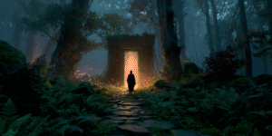 Person walking toward a glowing doorway in a fog-drenched forest, symbolizing transcendence after death.