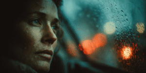 A tired person sitting alone in a car at dawn, fogged window and soft city lights reflecting emotional exhaustion and quiet reflection.
