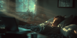 A person lying on an unmade bed in soft daylight, surrounded by signs of daily life, symbolizing emotional fatigue and soul exhaustion.