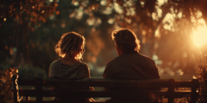 Two people sharing a gentle smile on a sunlit park bench, golden light surrounding them, symbolizing unity and compassion.