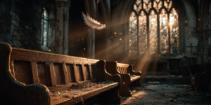 White feather suspended in sunlight inside an abandoned church, symbolizing forgiveness and release.