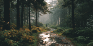 A lone figure walking down a misty forest path after rain, soft light breaking through fog, symbolizing spiritual uncertainty and renewal.
