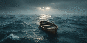 Wooden rowboat adrift on a gray-blue ocean beneath storm clouds, light breaking through to symbolize surrender.